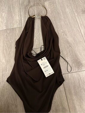 Zara Brown Halter Neck Bodysuit with Gold Ring